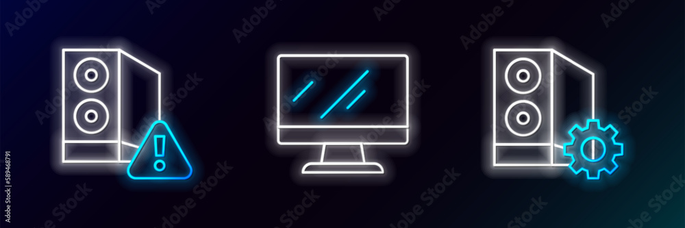 Poster set line case of computer, and computer monitor screen icon. glowing neon. vector
