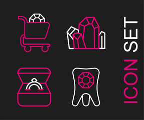 Set line Tooth with diamond, Diamond engagement ring in box, Gem stone and Jewelry online shopping icon. Vector