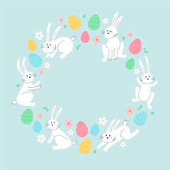 Obraz na płótnie Canvas Happy easter card with bunnies and eggs. Minimalist holiday vector illustration design in circular shape
