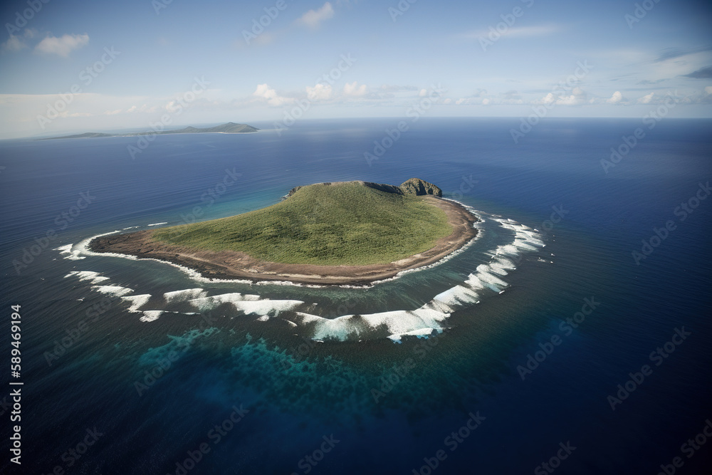 Poster aerial view of a small island in the middle of the ocean. created with generative ai technology