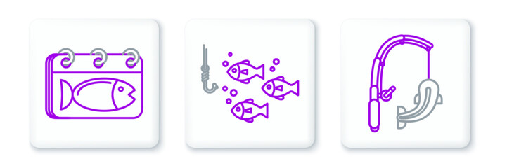 Set line Fishing rod and fish, Calendar with and hook under water icon. Vector