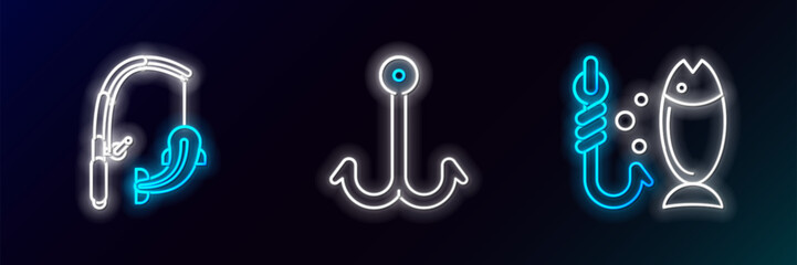 Obraz premium Set line Fishing, rod and fish and hook icon. Glowing neon. Vector