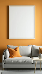 A modern and stylish living room with contemporary furniture, a simple orange wall, elegant decor, comfortable pillows, and a simple white mockup frame.
