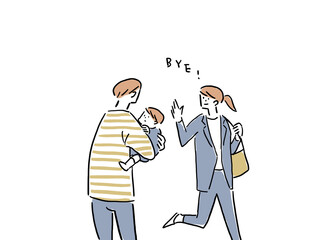 子供を預けて出かける女性、主夫、家族、保育園、（文字あり）
