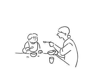 赤ちゃん、子供に食事を与える女性（線画）
