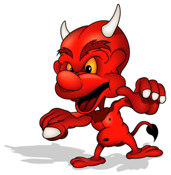 Red Horned Devil with Big Smile and Yellow Eyes Pointing with his Finger