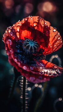 Poppy flower with waterdrops. Close up. Generative AI