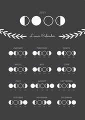 Lunar Calendar 2023, Moon Phases 2023 Vector Illustration with Plants