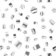 Set Cottage cheese, Bottle with milk, Cheese and Paper package for on seamless pattern. Vector