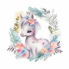 Cute watercolor pony Illustration AI Generative.