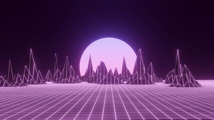 Retro sci-fi landscape of mountains. Futuristic polygonal background in style 80s and 90s. Technology perspective glowing grid with 3d landscape. Abstract wireframe terrain design. 3D rendering.