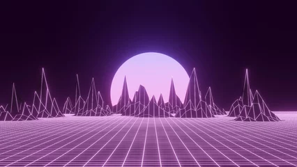 Deurstickers Retro sci-fi landscape of mountains. Futuristic polygonal background in style 80s and 90s. Technology perspective glowing grid with 3d landscape. Abstract wireframe terrain design. 3D rendering. © Liudmyla