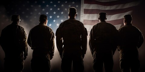 A dramatic image of United States military heroes silhouetted before the nation's flag, celebrating Veterans Day, Memorial Day, and Independence Day. generative ai - obrazy, fototapety, plakaty