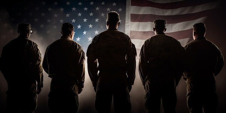 A dramatic image of United States military heroes silhouetted before the nation's flag, celebrating Veterans Day, Memorial Day, and Independence Day. generative ai