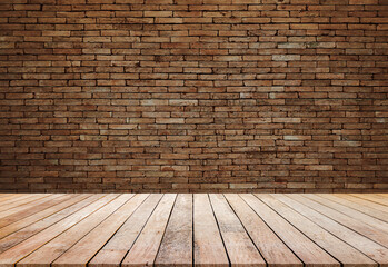 Wood table or wood floor on brick wall background can be used for display or montage your products