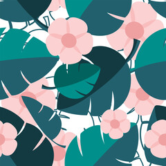 Exotic green leaves with pink flowers on a white background. Seamless pattern. Floral vector illustration.