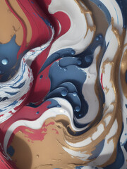 Abstract marble background in blue, red and white colors with gold streaks. Ai generative illustration