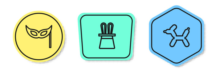 Set line Festive mask, Magician hat and rabbit ears and Balloon dog. Colored shapes. Vector
