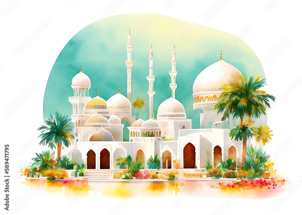 Wall mural beautiful islamic white mosque warm watercolor illustration with tropical plant. suitable for islami