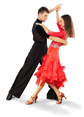 Man and woman dancing Salsa on white background - obrazy, fototapety, plakaty