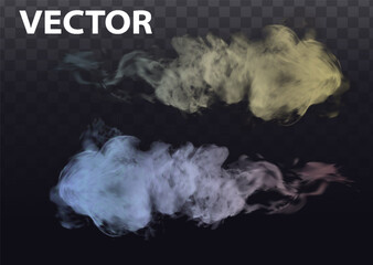 Dust spray, white smoke, powder or water drops trail. Flow mist, smoky stream, aroma or toxic clouds, steaming chemical or cosmetics product vapour, haze. Realistic 3d vector isolated clip art set