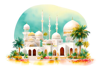 Beautiful Islamic white Mosque warm watercolor illustration with tropical plant. Suitable for Islamic events Eid Al Fitr, Eid Al Adha, Ramadan, Islamic New Year, Mawlid. Generative AI