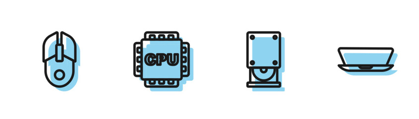 Set line Optical disc drive, Computer mouse, Processor with CPU and Laptop icon. Vector