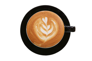 Top view of frothy cappuccino coffee with beautiful latte art on transparent background, PNG file
