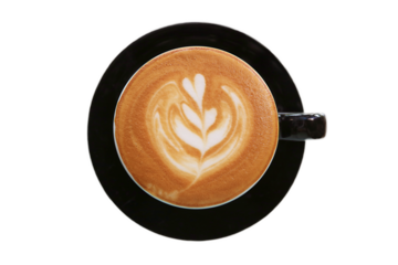 Top view of frothy cappuccino coffee with beautiful latte art on transparent background, PNG file