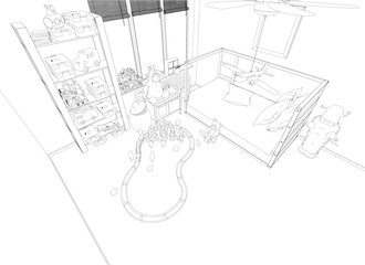 Outline of a children room with toys from black lines isolated on a white background. 3D. Vector illustration.