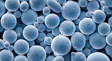 A closeup of powder particles for 3D printing. Photo taken with an electron microscope