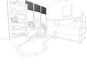 Outline of a children room with toys from black lines isolated on a white background. 3D. Vector illustration.