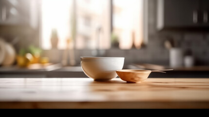 Fototapeta na wymiar Empty wooden table on kitchen background. Illustration AI Generative
