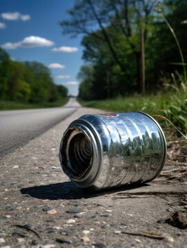 An Old Dented Aluminum Can Beside A Road In The Country.. AI Generation.