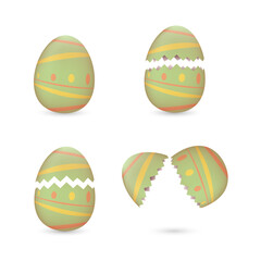 Cracked green Easter eggs painted with lines vector set 