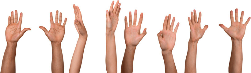 Set of raised hands, isolated on white