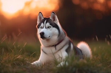 Siberian husky is walking in the park at sunset. Generative AI.