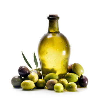 Bottle of olives oil and olives fruits on white backgrounds. Healthy food ingredient. Illustration. AI generated.