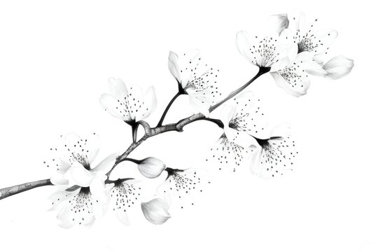 Sakura branch in black and white colors, imitation pencil drawing, spring