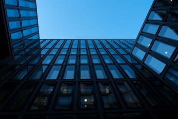 Low angle shot of modern glass office building against a dark blue sky