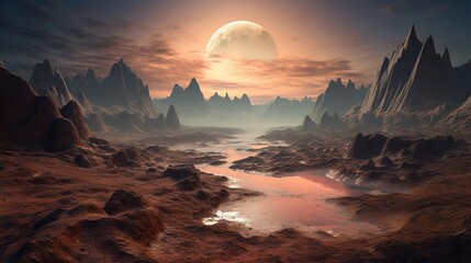 other world, other planet landscape with big moon shine on wasteland, Generative Ai