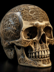 An aged skull with an ornate pattern carved into it’s forehead. Gothic art. AI generation.