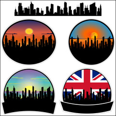 Shotley Bridge Skyline Silhouette Uk Flag Travel Souvenir Sticker Sunset Background Vector Illustration SVG EPS AI