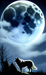 night landscape huge moon, wolf howling at the moon, halloween