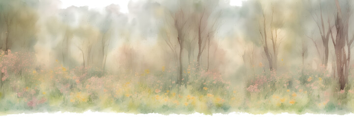 Spring watercolor illustration, blooming meadow and trees, ai generation, panoramic