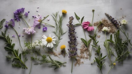 Serenity in Bloom Aerial View of Herbal Flowers on Light Grey Table