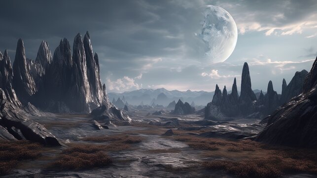 other world, other planet landscape with big moon shine on wasteland, Generative Ai
