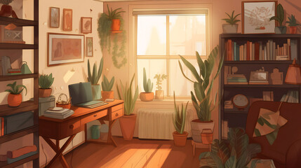 Cozy home office, warm colors, wooden furniture, houseplants, digital illustration, generative AI