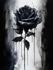An austere stilllife painting of a single black rose a single drop of dripping off of its petals. Gothic art. AI generation.
