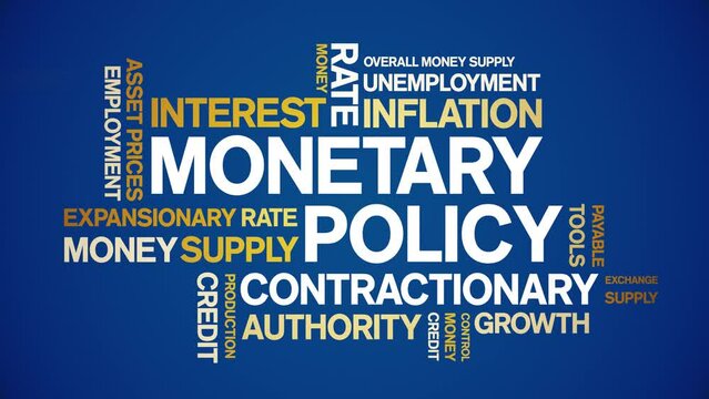 Monetary Policy animated tag word cloud;text design animation kinetic typography seamless loop.